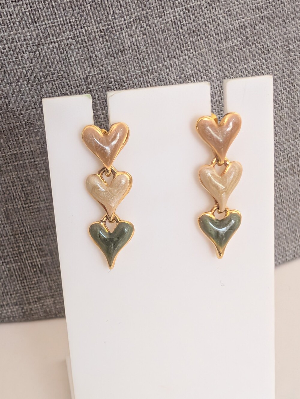 Vintage Gold Tone Hearts Neutrals Enamel Dangle Romantic Love Post Earrings
